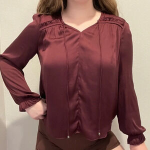 Anthropologie current air silky red maroon blouse w ruffle detail medium